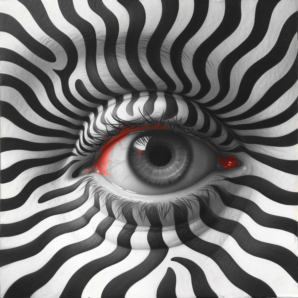 A spellbinding optical illusion unfolds with a hypnotic black and white pattern swirling around a meticulously detailed eye. The artful interplay of light and shadow within the zebra-striped vortex draws the observer into a deep state of contemplation, challenging perceptions of reality and the power of visual deception.