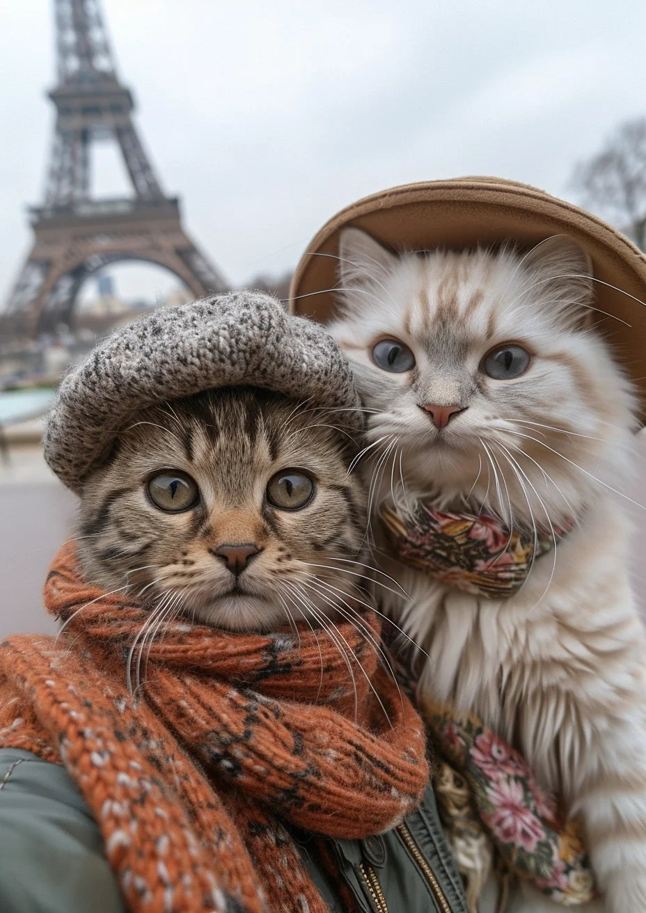A charming and whimsical portrait of two cats dressed in chic winter wear, playfully posing before the iconic Eiffel Tower, blending the romantic allure of Paris with the endearing nature of pets, creating a quirky and affectionate image perfect for adding a touch of humor and warmth to any pet lover’s home.