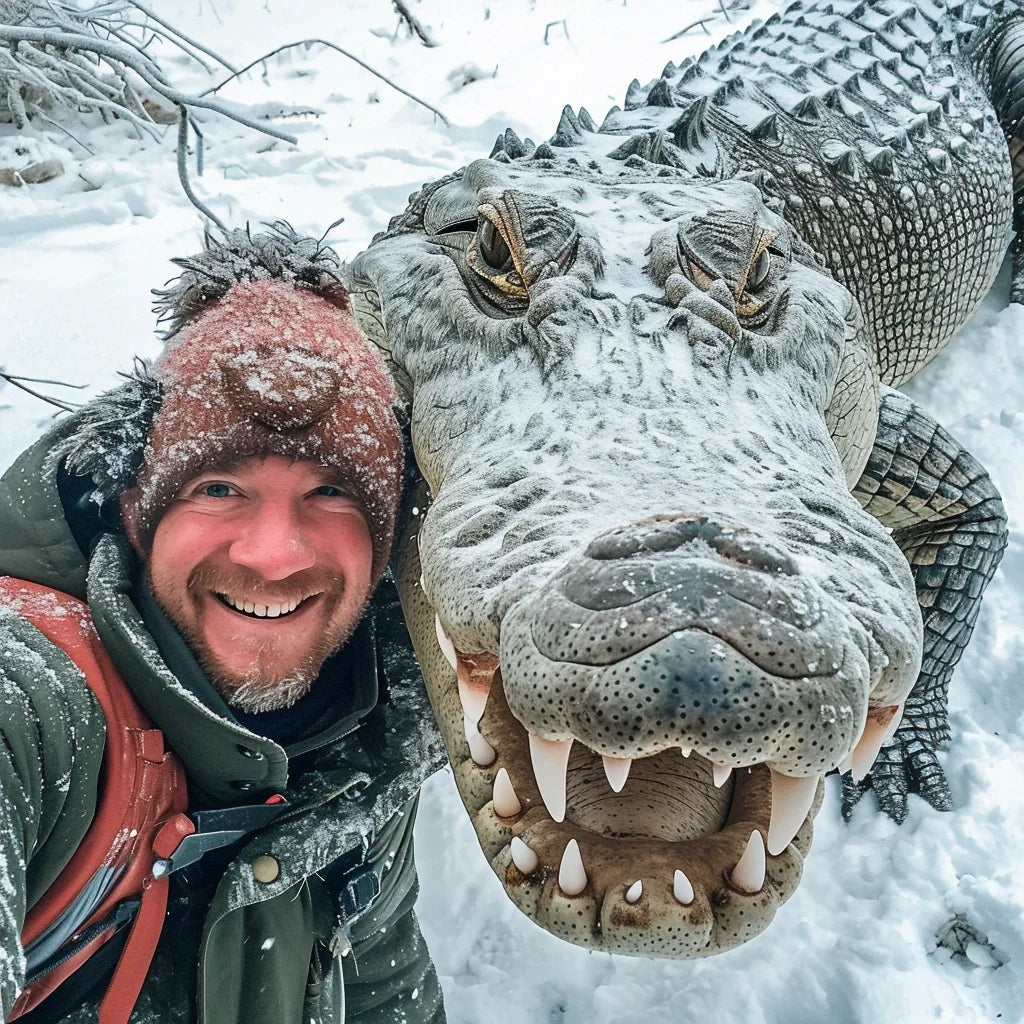 An adventurous and humorous digital art composition featuring a bearded man in cold-weather clothing, grinning broadly as he poses for a selfie with a snow-dusted, lifelike crocodile sculpture, both surrounded by a serene, snowy landscape that adds a touch of the surreal to this playful interaction between man and beast