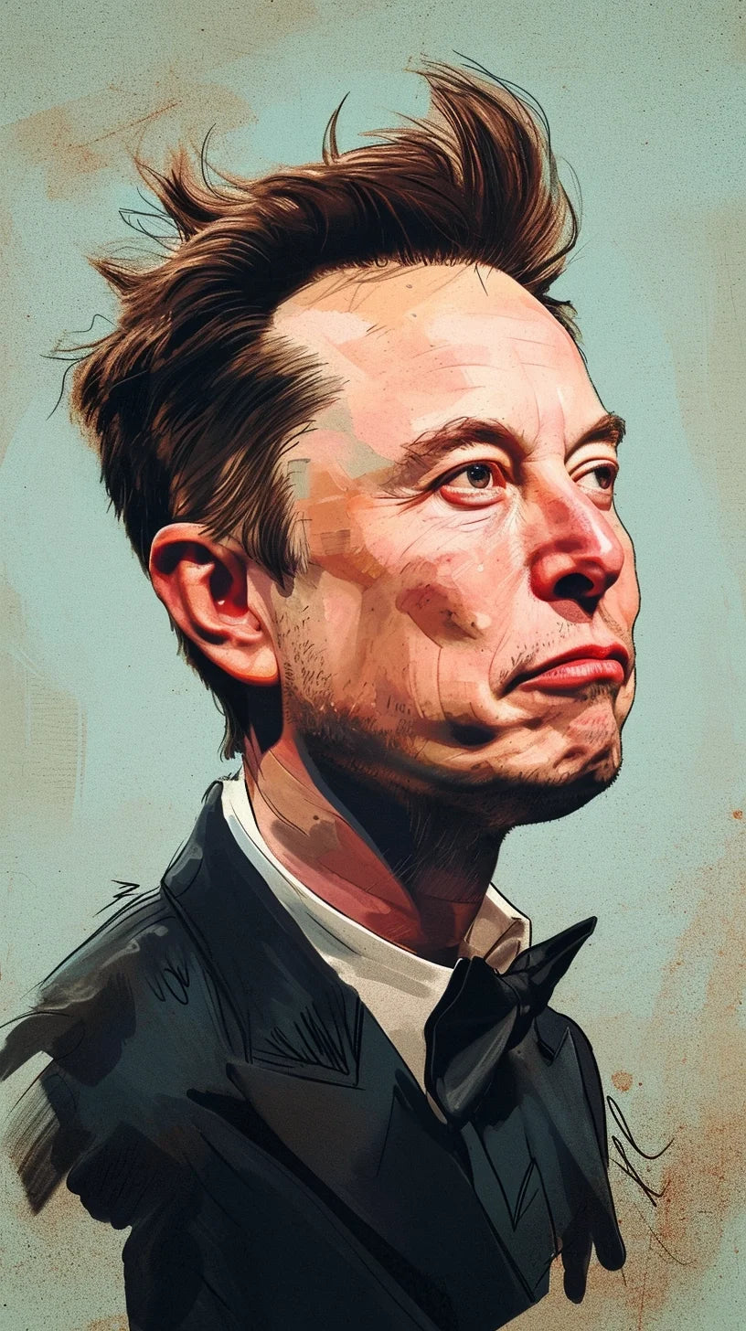 An artistically exaggerated and characterful digital caricature of the entrepreneur Elon Musk, featuring his recognizable facial features portrayed with a blend of realism and artistic distortion, set against a minimalist sky-blue background that draws the viewer's focus to the thoughtful and determined expression that reflects his visionary spirit.