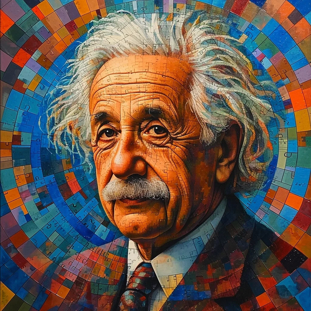 A captivating and vibrant digital mosaic portrait of the iconic theoretical physicist Albert Einstein, composed of a myriad of colorful, puzzle-like pieces that come together to form a deeply expressive and intelligent visage, all set against a backdrop of concentric circles and a warm color palette that highlights Einstein’s legacy in a modern, artistic light.