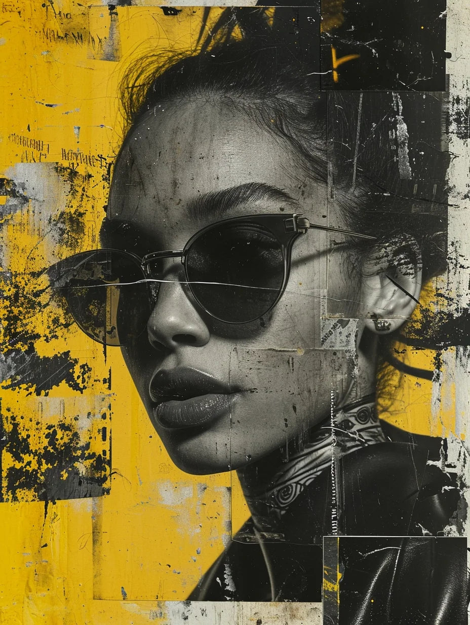 An urban and contemporary digital collage that portrays a stylish woman's face, partially obscured by sleek black sunglasses, with a fragmented and textured yellow and black background that suggests street art influence, creating a bold and fashionable statement that captures the essence of modern femininity and chic urbanity.