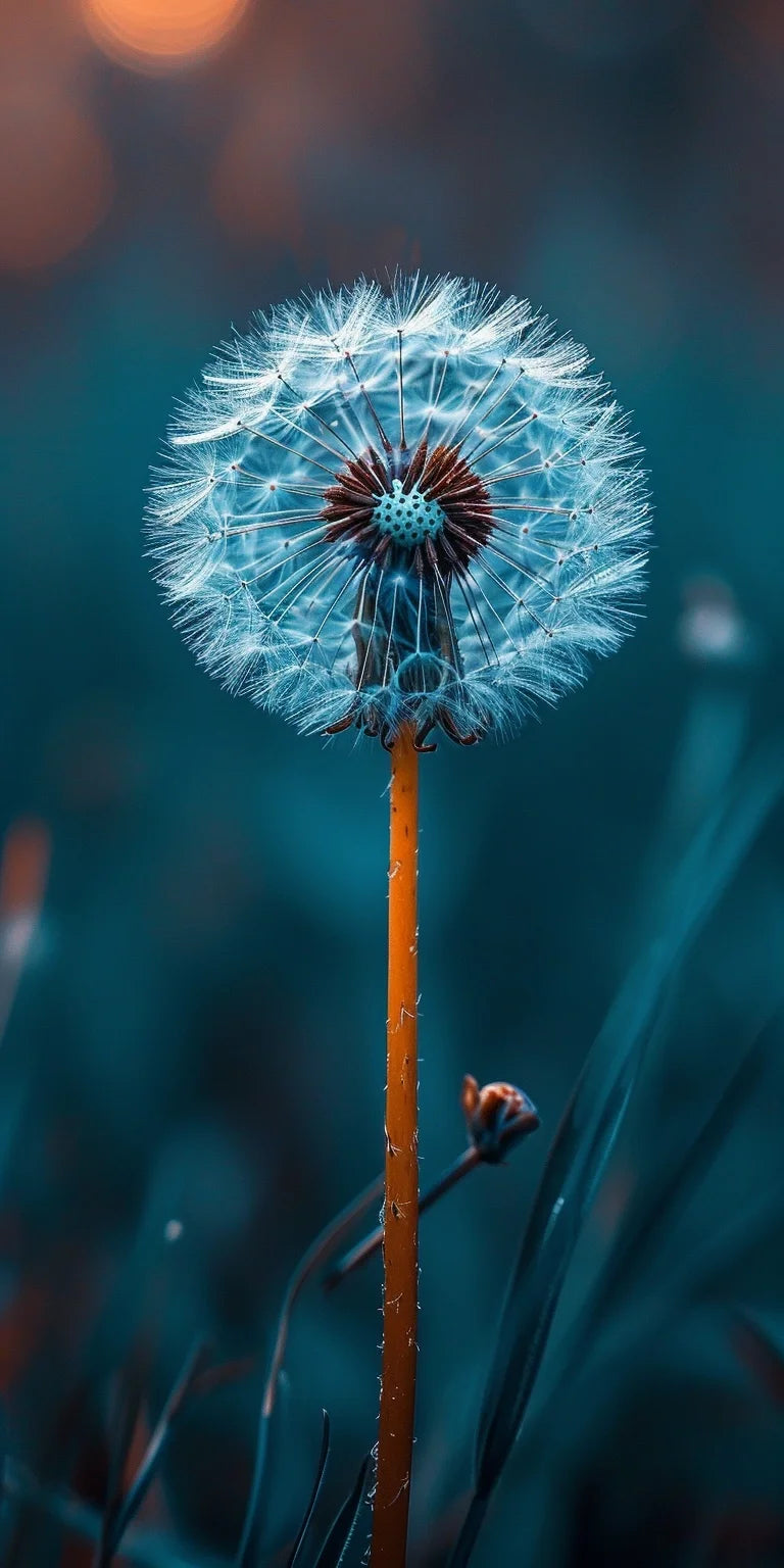 A macro photograph of a dandelion's delicate seed head, with the fine details of each seed accentuated by glistening water droplets, against a dreamy, blue-toned backdrop, offering a serene and contemplative artwork that beautifully captures the intricate details of nature, suitable for enhancing the tranquility of any space.