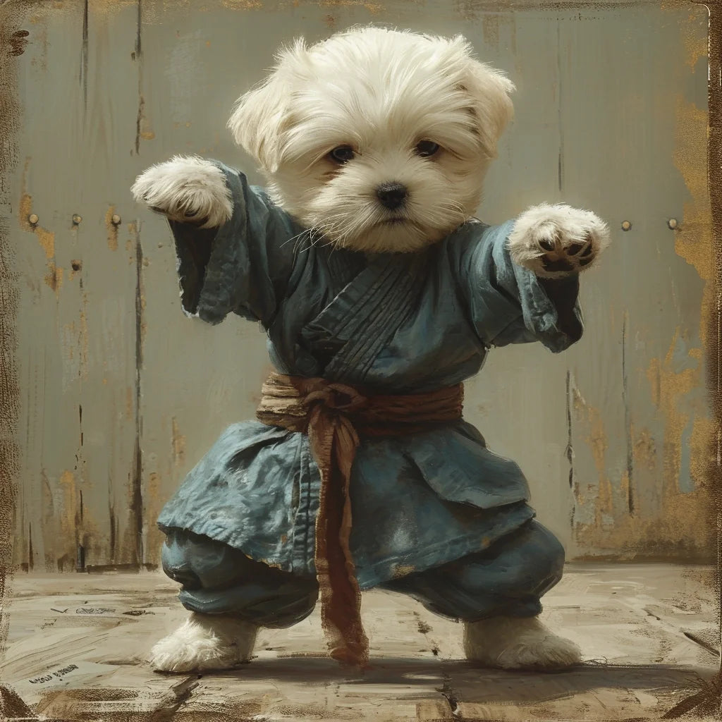 An endearing dog stands poised in a traditional blue kung fu uniform, embodying the spirit and posture of a seasoned martial artist. The digital painting captures the whimsical scenario with a blend of lifelike texture and artistic stylization, presenting a humorous yet respectful nod to martial arts traditions, with a canine twist that adds a layer of charm and levity to the composition.