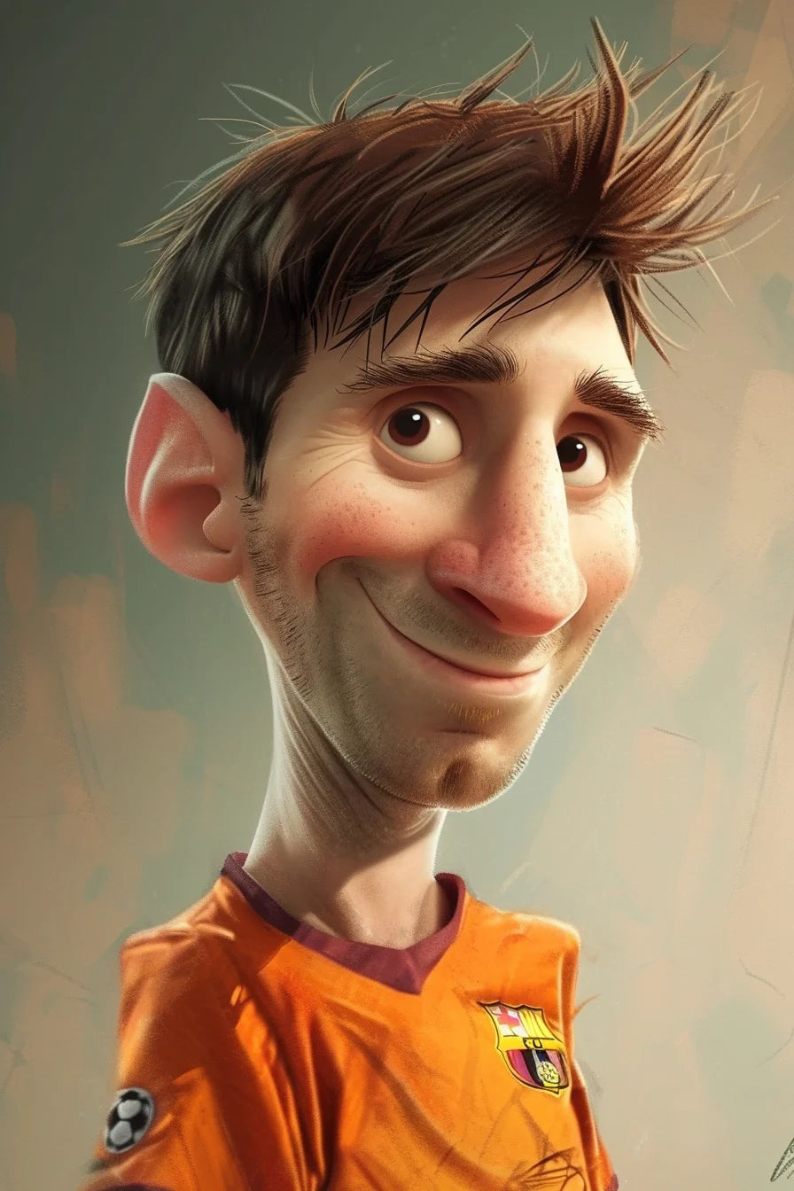 Caricature of a famous football player with exaggerated features, sporting a football jersey, showcasing a playful and humorous take on sports icons, suitable for editorial, sports fan, and humorous content.