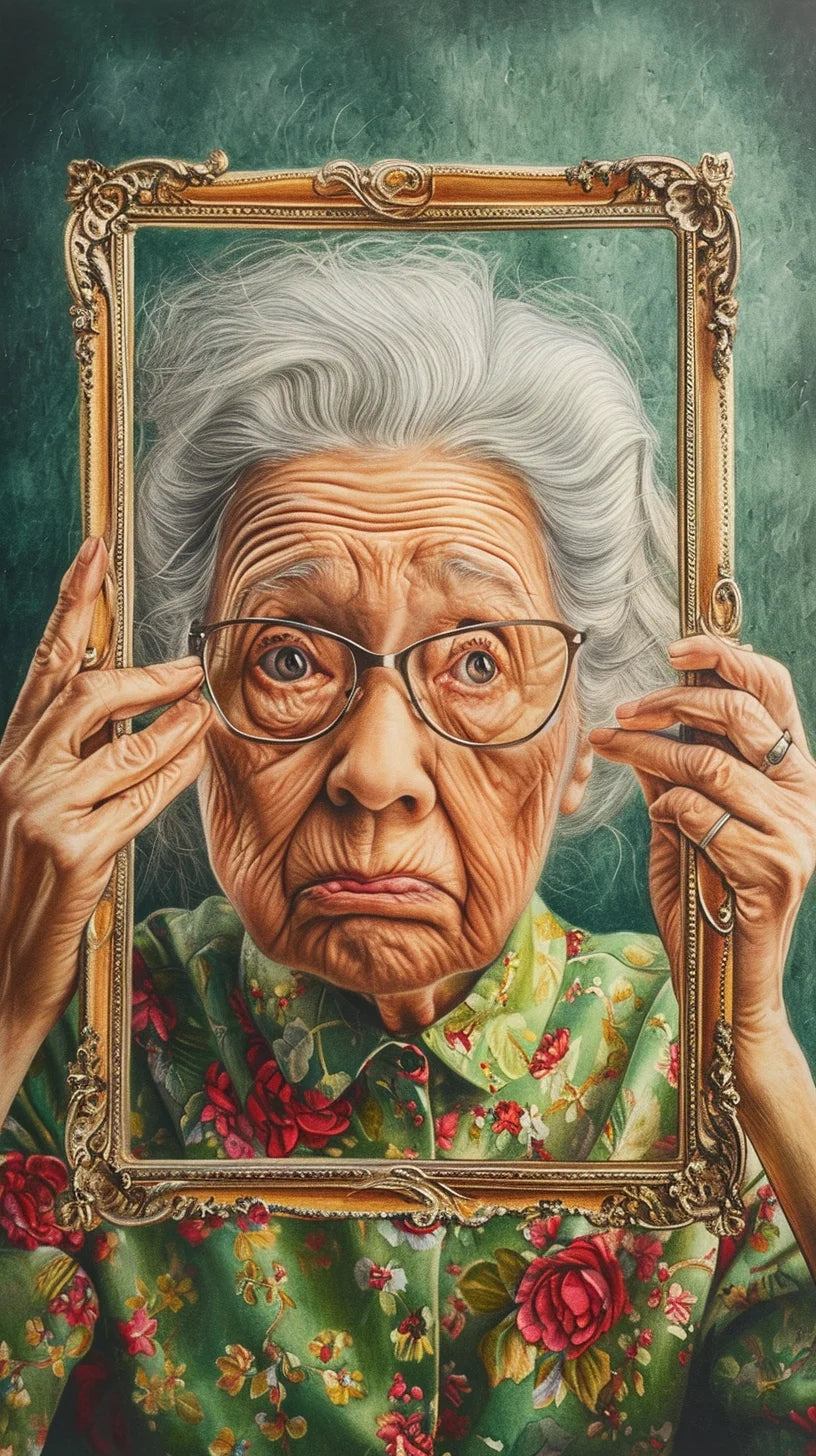 A hyper-realistic digital portrait of an elderly woman with silver hair and a poignant, lifelike expression, her hands gently holding the edges of an ornate gold frame, set against a backdrop of lush green fabric with a detailed floral pattern, capturing the essence of a classical painting with a twist of modern realism.