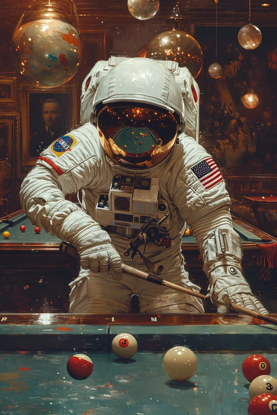 A whimsical and engaging digital artwork that blends historical art with modern fantasy, depicting an astronaut clad in a detailed NASA spacesuit, leaning over an antique pool table as colorful billiard balls hover mid-air in a grand room adorned with classic oil paintings, evoking a playful narrative that transcends time and space.