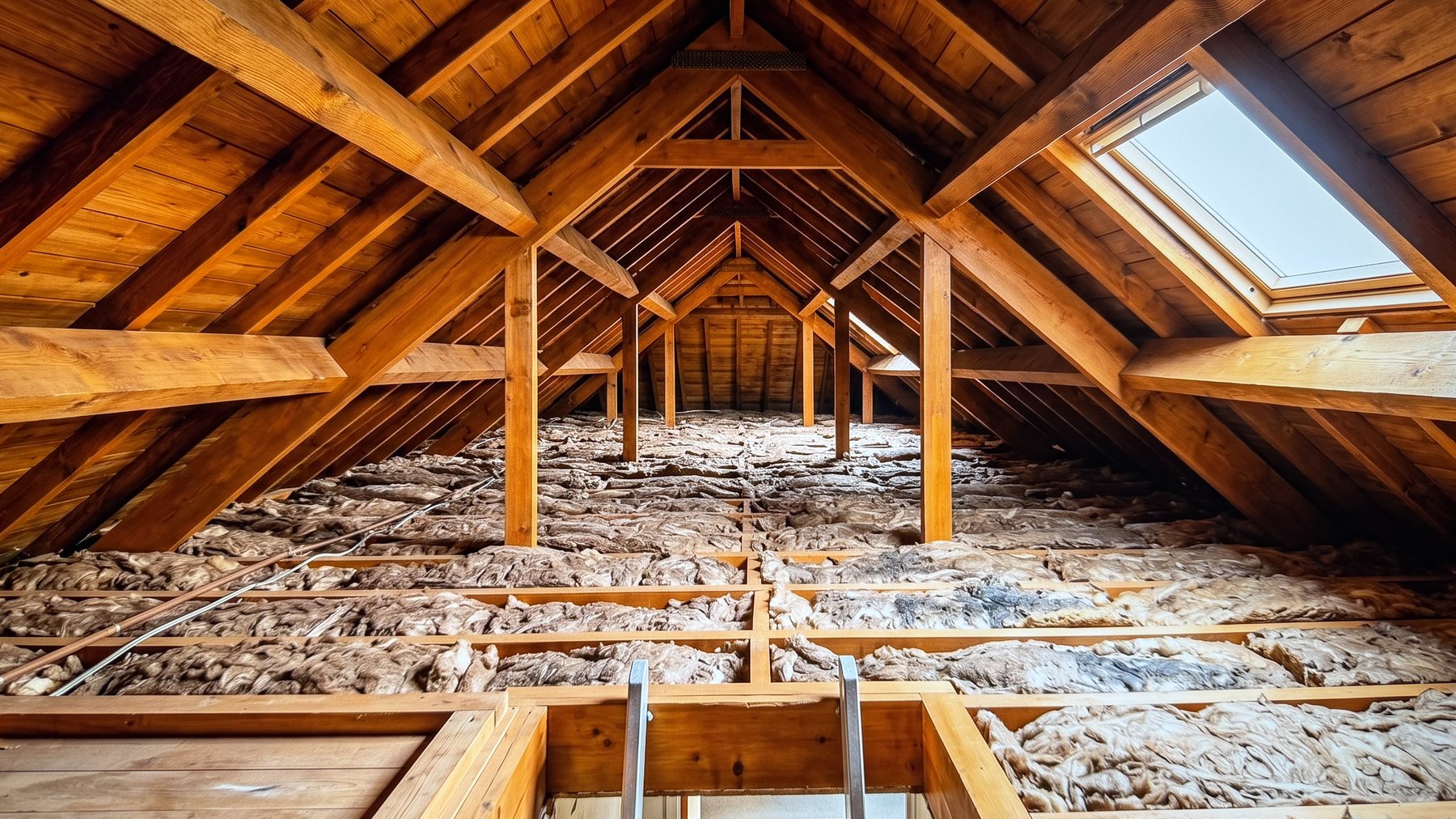 Same loft after retrofit — fresh blond mineral wool laid evenly between joists with a central walkway.
