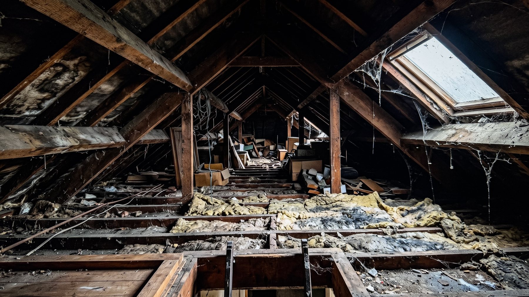 Neglected loft with patchy decayed mineral wool, exposed felt, cobwebs and debris between roof timbers.
